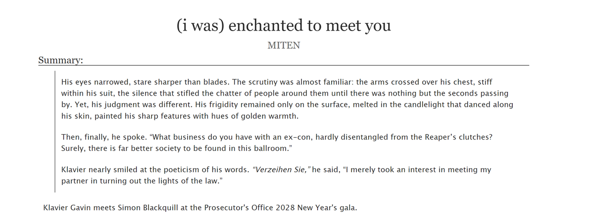 mxssdestruction's tweet photo. https://t.co/JkVyYRxeog

in which klavier gavin meets simon blackquill during the 2028 new year's gala 

written for day 24 (first meetings) for @aaholidayrare :) no this is not late what do you mean it's not the 24th...
#klavquill #aceattorney #aaholidayrare https://t.co/EdCN5Mzubg