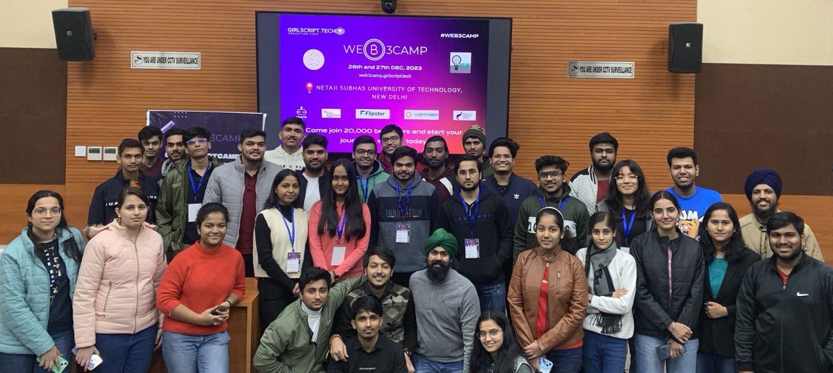 We have successfully wrapped up the 7th boot camp of our #Web3Camp boot camp series at NSUT Delhi in partnership with <a href="/iifnsut/">IIF NSUT</a>  🎉🎉🎉

Special thanks to our sponsors <a href="/FlipsterXYZ/">Flipster</a> , <a href="/vistaralabs/">Vistara Labs</a>  and <a href="/LearnOnSmartly/">Smartly Learning</a> for making this possible.

We are grateful to our speakers