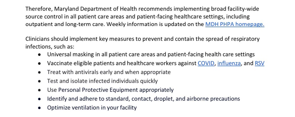 ⚠️#MedTwitter from Maryland Dept of Health: we have passed the CDC threshold hospitalization rate for respiratory illness (due to ⬆️ #COVID19 & #flu) that triggers recommendation for universal masking in all patient-facing areas & other risk-reducing measures. Be careful, all.