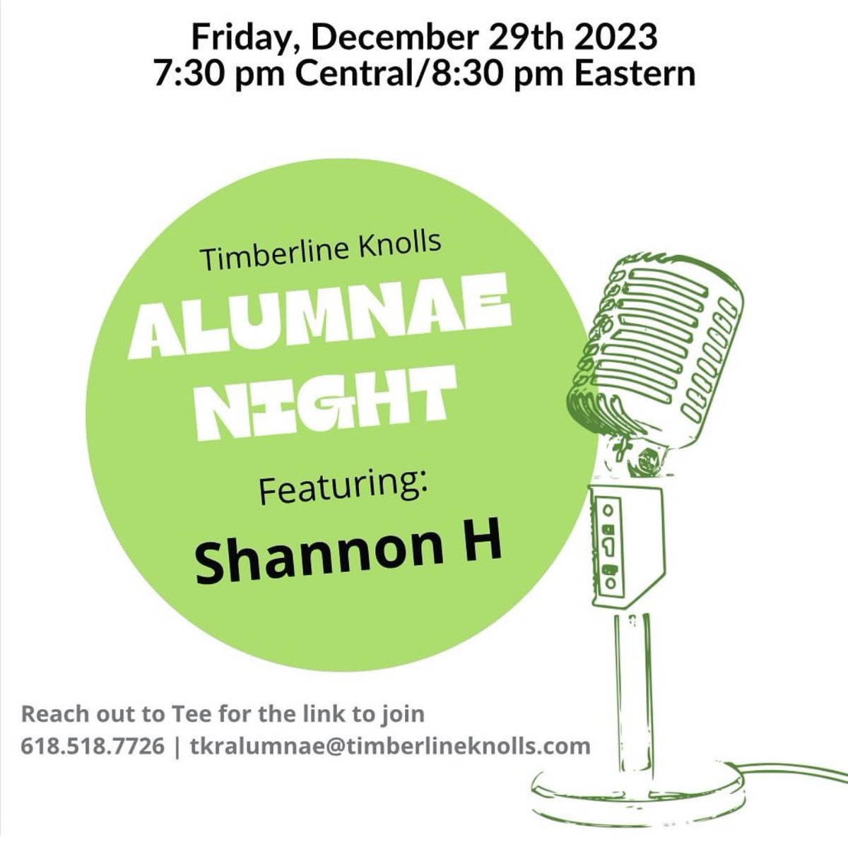 TK Alumnae Night is tomorrow, Fri. Dec. 29, 7:30pm CT/8:30pm ET! We will hear from our Alumna, Shannon, her incredible story of recovery and then Q&amp;A time. We hope you’ll join us! Please email our Alumanae Coordinator, Tee for the link to join 🎄❤️ tkralumnae@timberlineknolls.com