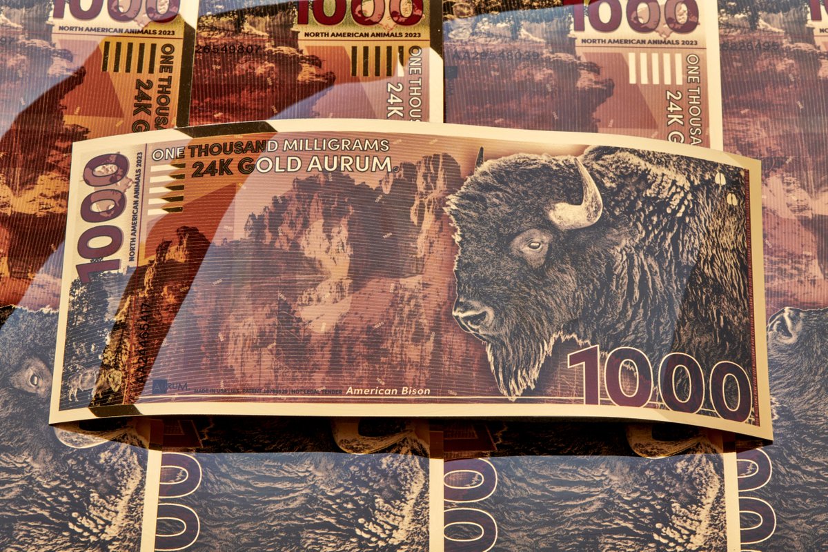 The 2023 - 1,000 milligram American Bison Aurum® is the largest bill in our five-bill North American Animal series. 

Add the 2023 NAA Bison to your collection today!
bit.ly/3E3pDJz

#gold #valaurum  #aurum #aurumgoldbill #investment  #aurumgoldbills #goldbison