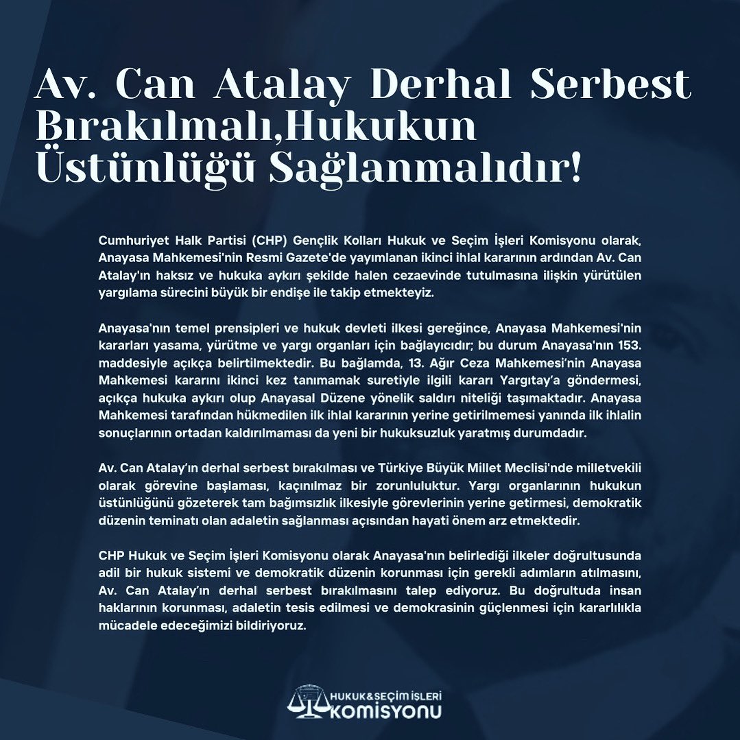 13. Ağır Ceza Mahkemesi’nin Anayasa Mahkemesi kararını ikinci kez tanımamak suretiyle ilgili kararı Yargıtay’a göndermesi, açıkça hukuka aykırı olup Anayasal Düzene yönelik saldırı niteliği taşımaktadır.

Av. Can Atalay derhal serbest bırakılmalı, Hukukun Üstünlüğü Sağlanmalıdır!