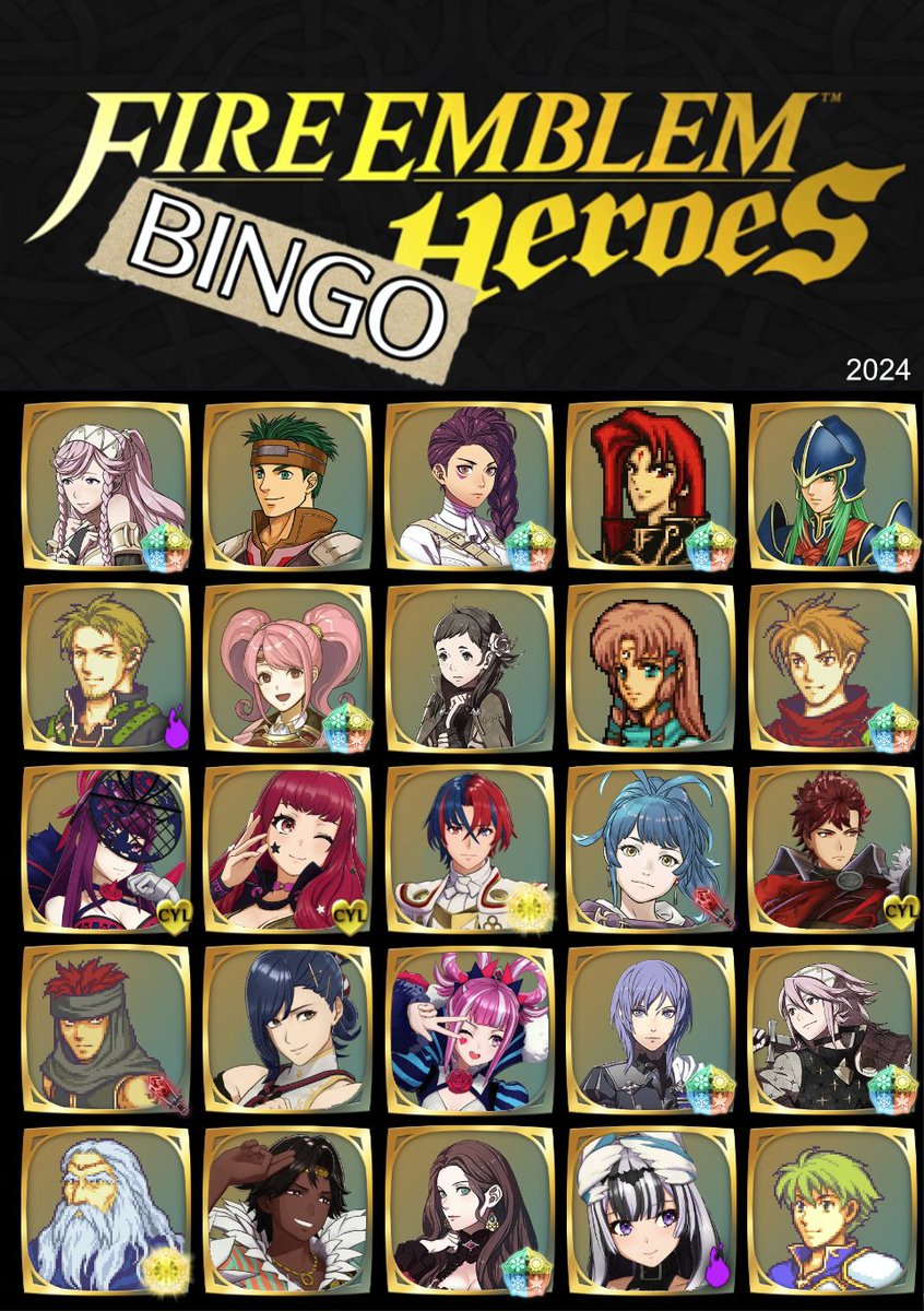 TimjiSaeki's tweet photo. Now that the year is basically over, let's have a look at my #FEHeroes Bingo card, Wishlist and current barracks state!

First Bingo. I got a few characters right, but not a full line ._. maybe next time. https://t.co/2BGJ9BzPRX