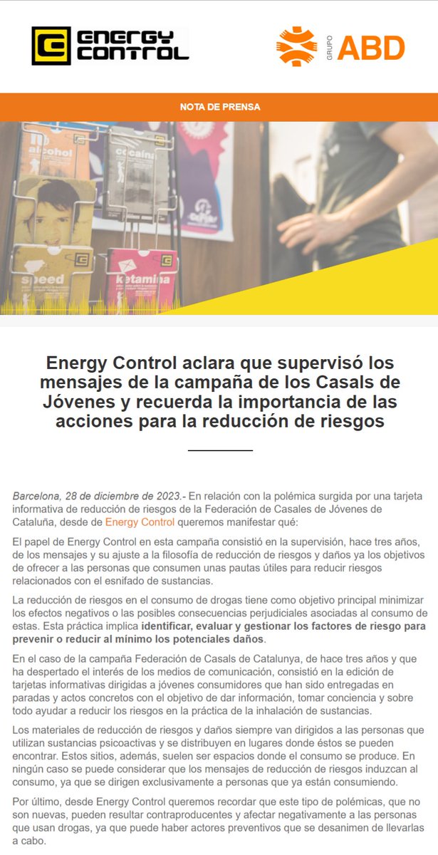 Ante la polémica que se ha desatado hoy en Cataluña por unos materiales de reducción de riesgos sobre el uso esnifado de drogas, desde <a href="/EC_es/">Energy Control</a> hemos lanzado esta nota de prensa.