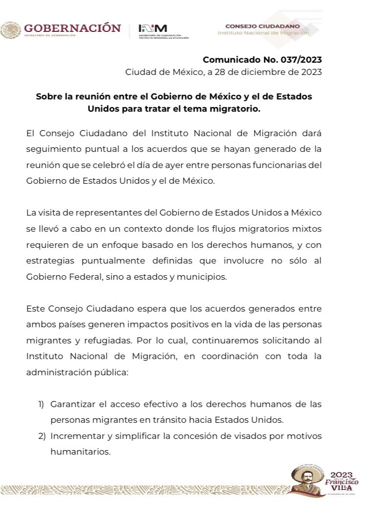 CC_INM's tweet photo. Sobre la reunión entre representantes del Gobierno de Mexico y de Estados Unidos, para tratar el tema migratorio, el Consejo Ciudadano del @INAMI_mx manifiesta lo siguiente: https://t.co/nKHqsEXQOd
