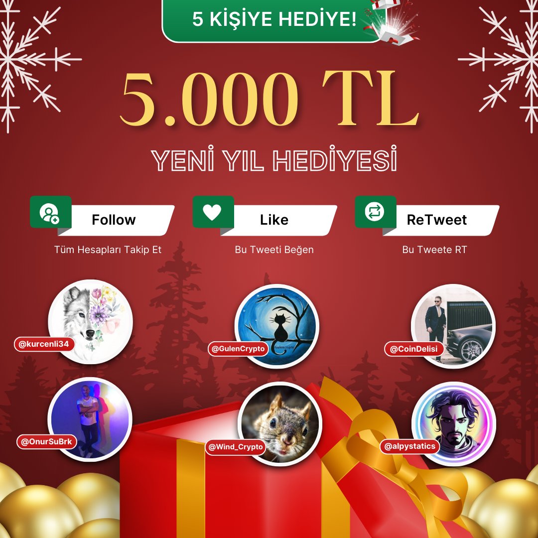 🎁 5.000 TL Yeni Yıl Hediyesi 🎉

🎊Arkadaşlarımla birlikte 2024'e girerken 5 kişiye toplamda 5.000 TL hediye etmek istedik!

📌Katılım

🔄Retweet &amp; ❤️Beğeni

📍Takip:
<a href="/GulenCrypto/">Gülen OKUMUŞ</a> 
<a href="/Wind_Crypto/">WindCrypto</a> 
@alpystatics 
<a href="/OnurSuBrk/">Onur BARIK</a>
<a href="/CoinDelisi/">CoinDelisi Ω</a> 
<a href="/kurcenli34/">Filiz 🇹🇷</a>

📅1 Ocak 2024