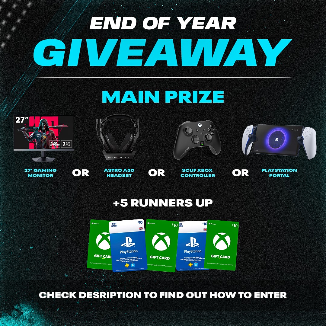 SAF_gg's tweet image. 🎁 End of Year Huge Giveaway. 

🏆 Main prize, Choose from one of the following:

🖥️ 27&quot; Gaming Monitor
🎧 Astro A50&apos;s
🎮 Xbox Scuff Controller 
📱 Playstation Portal

🥈 5 x Runner Up Prizes:
£10 PSN/Xbox Vouchers 

To enter: ❤️ + 🔁

🎰 Bonus entry below ⬇️