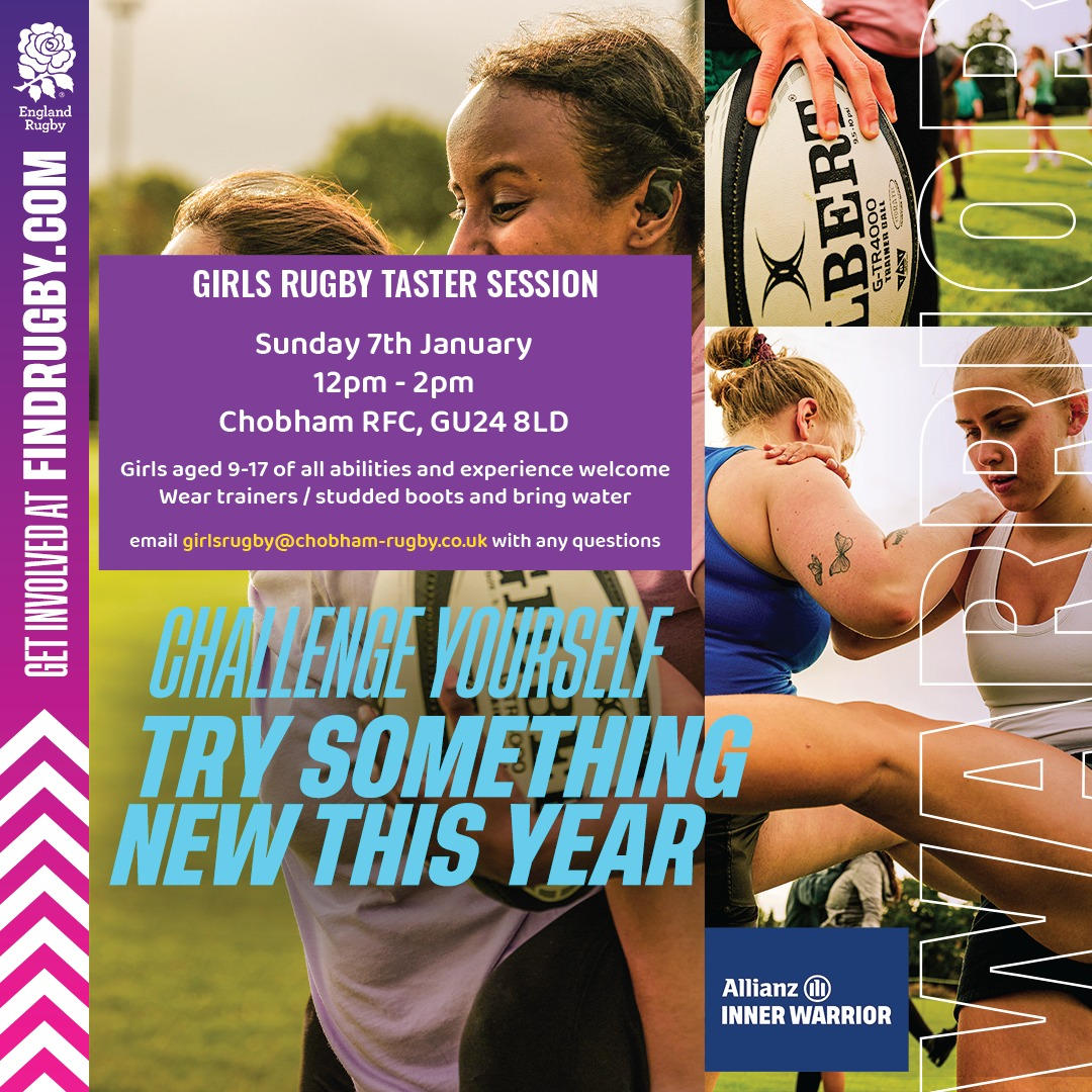 In conjunction with England Rugby, Chobham RFC are hosting an Allianz Inner Warrior Camp for girls aged 9 - 17 on Sunday 7th January. 

All levels of abilities and experience are welcome!
Sign up at forms.office.com/e/UvLTxSzFGK
Email any questions to girlsrugby@chobham-rugby.co.uk