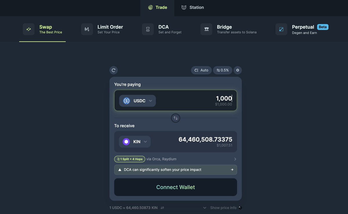 My favorite place to get $KIN is on <a href="/JupiterExchange/">Jupiter</a> 

You can set limit orders, swap or use the DCA feature.