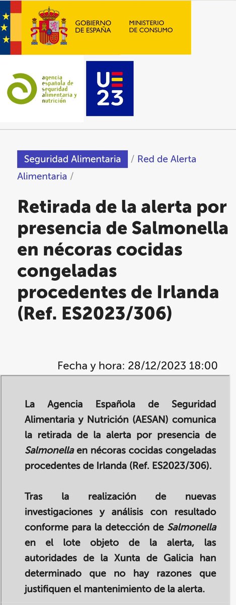 AESAN_gob_es's tweet photo. Retirada la alerta por presencia de Salmonella en nécoras cocidas congeladas. 
📌 https://t.co/mQvcS5mGQe https://t.co/9rAHkXn7Ho