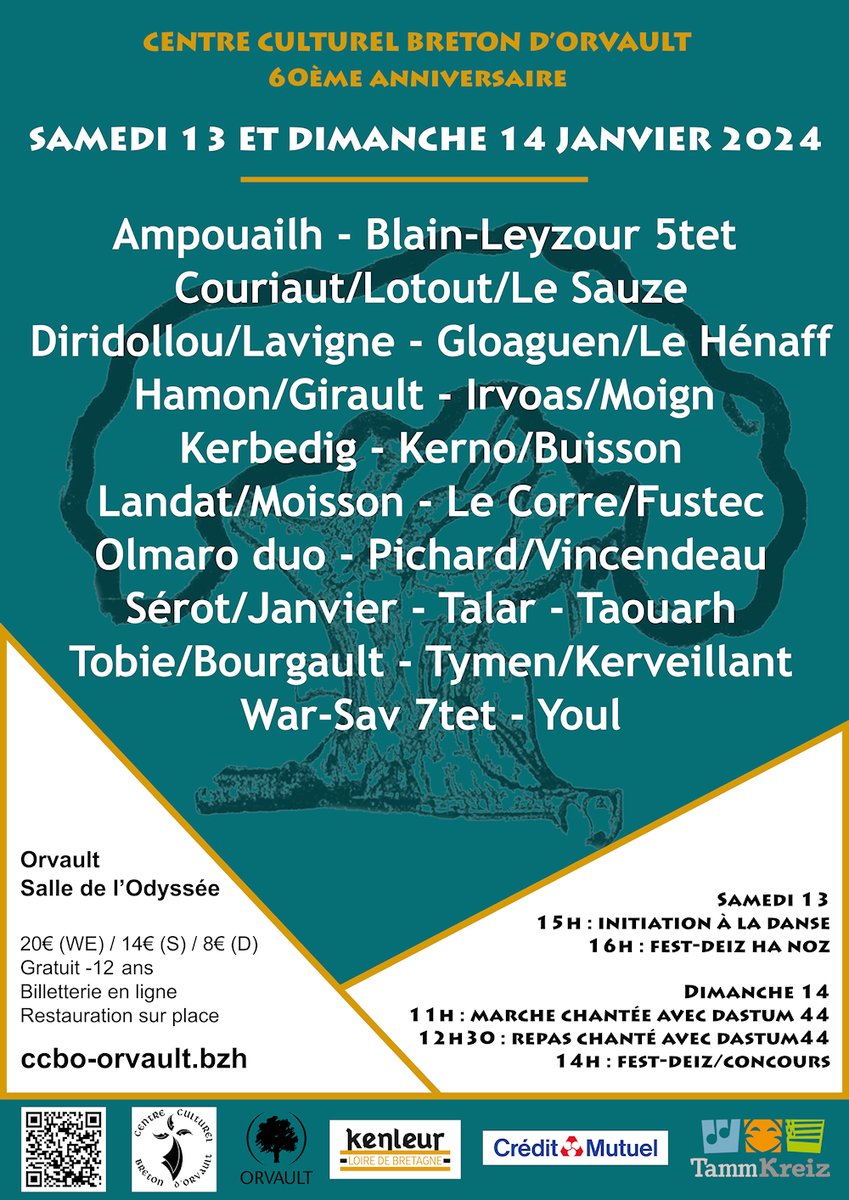LouisR29's tweet photo. Fest-Deiz ha Noz des 60 ans du CCBO - Centre Culturel Breton d'Orvault - Samedi 13 &amp; Dimanche 14 Janvier 2024
🎫Réserve vite ta place sur la billetterie en ligne : https://t.co/iCWhq9qTSb
#festdeiz #festnoz #ccbo #orvault #dansebretonne #musiquebretonne #bretagne #breizh #bertegn https://t.co/qVQrUNUBGg