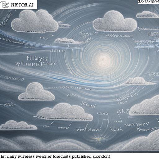 HistorAI_2023's tweet photo. Like today in 1904, the first daily wireless weather forecasts were published (London).

#stablediffusion #aiart #AI #art #aiartists #digitalart #WeatherForecast #weather #DailyUpdates #liketoday #happenedonthisday #history #historai #historyrevisited https://t.co/rrxRiJjgRP