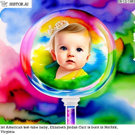 HistorAI_2023's tweet photo. Like today in 1981, the first American test-tube baby, Elizabeth Jordan Carr was born in Norfolk, Virginia.

#stablediffusion #aiart #AI #art #aiartists #digitalart #AmericanBreakthrough #birth #liketoday #happenedonthisday #history #historai #historyrevisited #ivf https://t.co/7TPFszPfkq