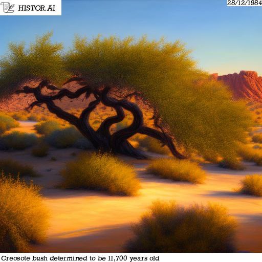 HistorAI_2023's tweet photo. Like today in 1984, Creosote bush was determined to be 11,700 years old.

#stablediffusion #aiart #AI #art #aiartists #digitalart #AncientBush #Nature #liketoday #happenedonthisday #history #historai #historyrevisited https://t.co/UFVmCh7vsY