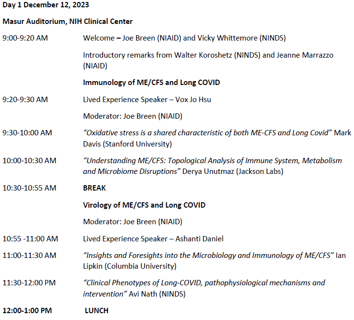 TomKindlon's tweet photo. Recording now available for NIH conference: "Advancing ME/CFS Research: Identifying Targets for Intervention &amp; Learning from #LongCOVID" (day 1 = Dec 12)

https://t.co/MtMhyShj1O

See images for agenda including speaker list (also part 2)

#MEcfs #CFS #PwME
@Columbia_CII
1/ https://t.co/1RajYcdAGO