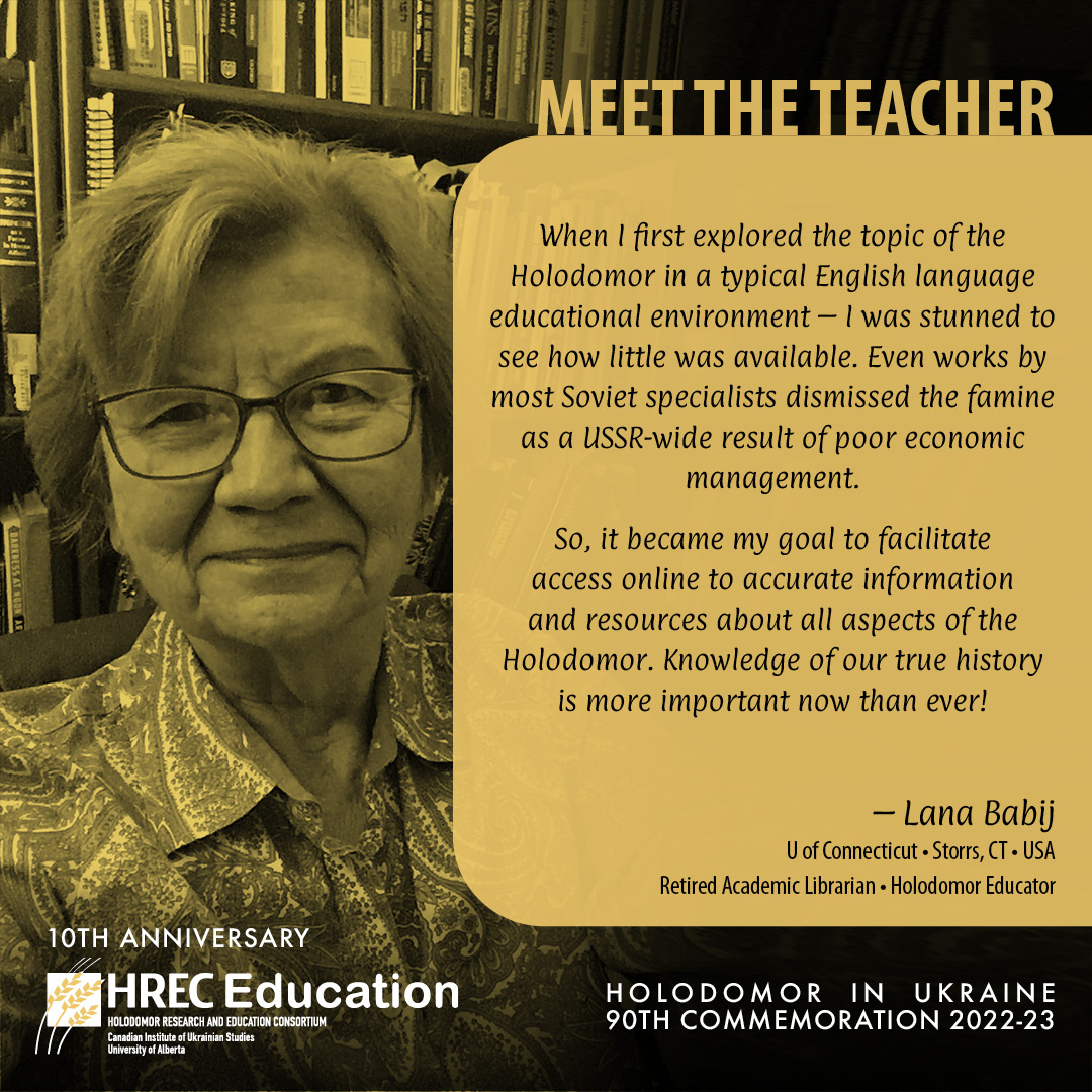 Meet Holodomor educator 𝗟𝗮𝗻𝗮 𝗕𝗮𝗯𝗶𝗷, an independent researcher, bibliographer &amp; retired academic librarian in Storrs, CT. She runs the 𝗵𝗼𝗹𝗼𝗱𝗼𝗺𝗼𝗿𝗰𝘁.𝗼𝗿𝗴 website &amp; led the development of the 𝗛𝗥𝗘𝗖 𝗢𝗻𝗹𝗶𝗻𝗲 𝗛𝗼𝗹𝗼𝗱𝗼𝗺𝗼𝗿 𝗣𝗵𝗼𝘁𝗼 𝗗𝗶𝗿𝗲𝗰𝘁𝗼𝗿𝘆