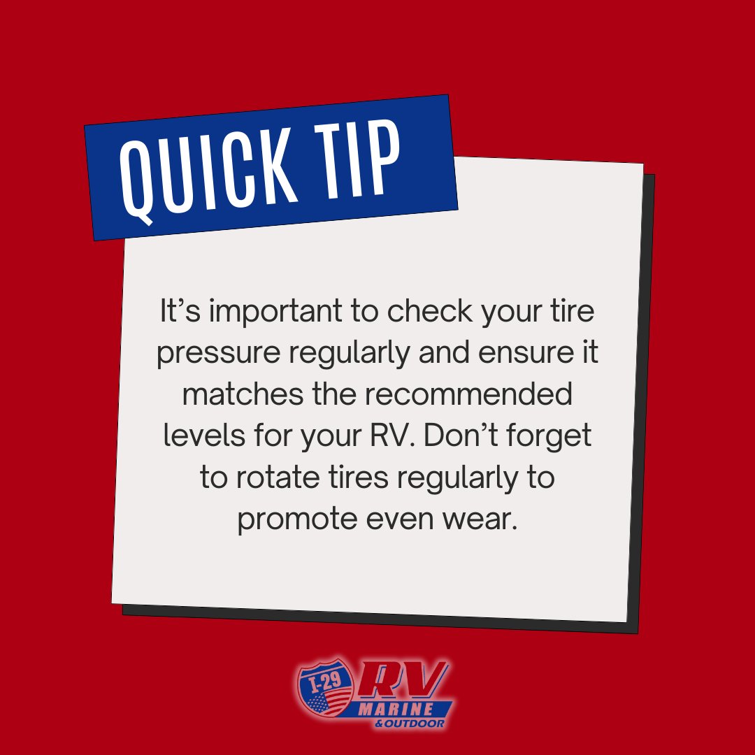 It's #QuickTipThursday! Here's your friendly reminder to check those tires. It's an important task that promotes safety! 

#RVSafety #RotateTires #Dealership #SouthDakota