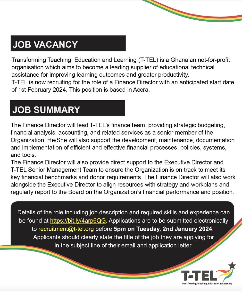 TTELGhana's tweet photo. T-TEL is recruiting for the position of Finance Director. Details of the role including the job description and required skills and experience can be found here - https://t.co/pG2MX01gEs https://t.co/O95sxdpPI0