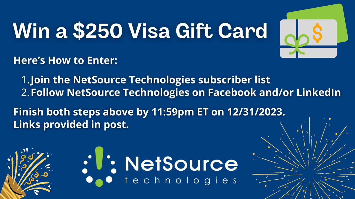 DataOneNetworks's tweet image. Join our network for a chance at a $250 Visa gift card. Here&apos;s how:
✔️ Submit a subscriber form -  hubs.ly/Q02dS7330
✔️ Follow NetSource on Facebook - hubs.ly/Q02dSkRS0 or LinkedIn - hubs.ly/Q02dSp4M0
Do both by 11:59PM ET on 12/31/23 to complete your entry!