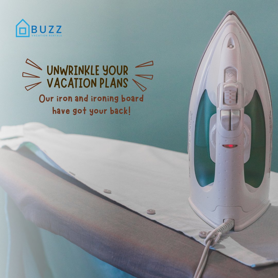 Buzz_Rentals's tweet photo. Say goodbye to suitcase wrinkles! ✨ Enjoy the added convenience of having irons and ironing boards in every property. Stay sharp and crease-free while making the most of your vacation. 🌴👔

#travelconvenience #vacaygoals #travelsmart #businesstravel #travelwithease https://t.co/i4NLmXzTAW
