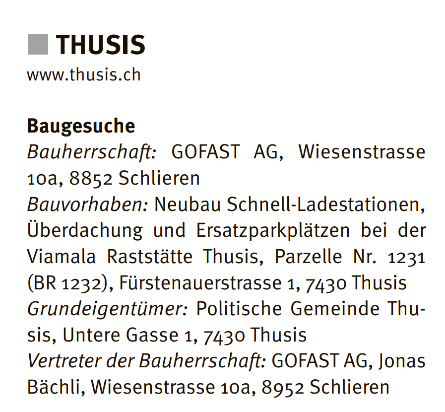 RemiCrameri's tweet photo. Morgen wird im #Amtsblatt das Baugesuch für einen der grössten Ladeparks 🚙🔌 der Schweiz von #GoFast an der Raststätte #Viamala in #Thusis (Autobahn A13/E43) publiziert sein. Ca. 2 Megawatt (!!) Gesamtleistung.
@electricfelix https://t.co/mO3GSAPo3m