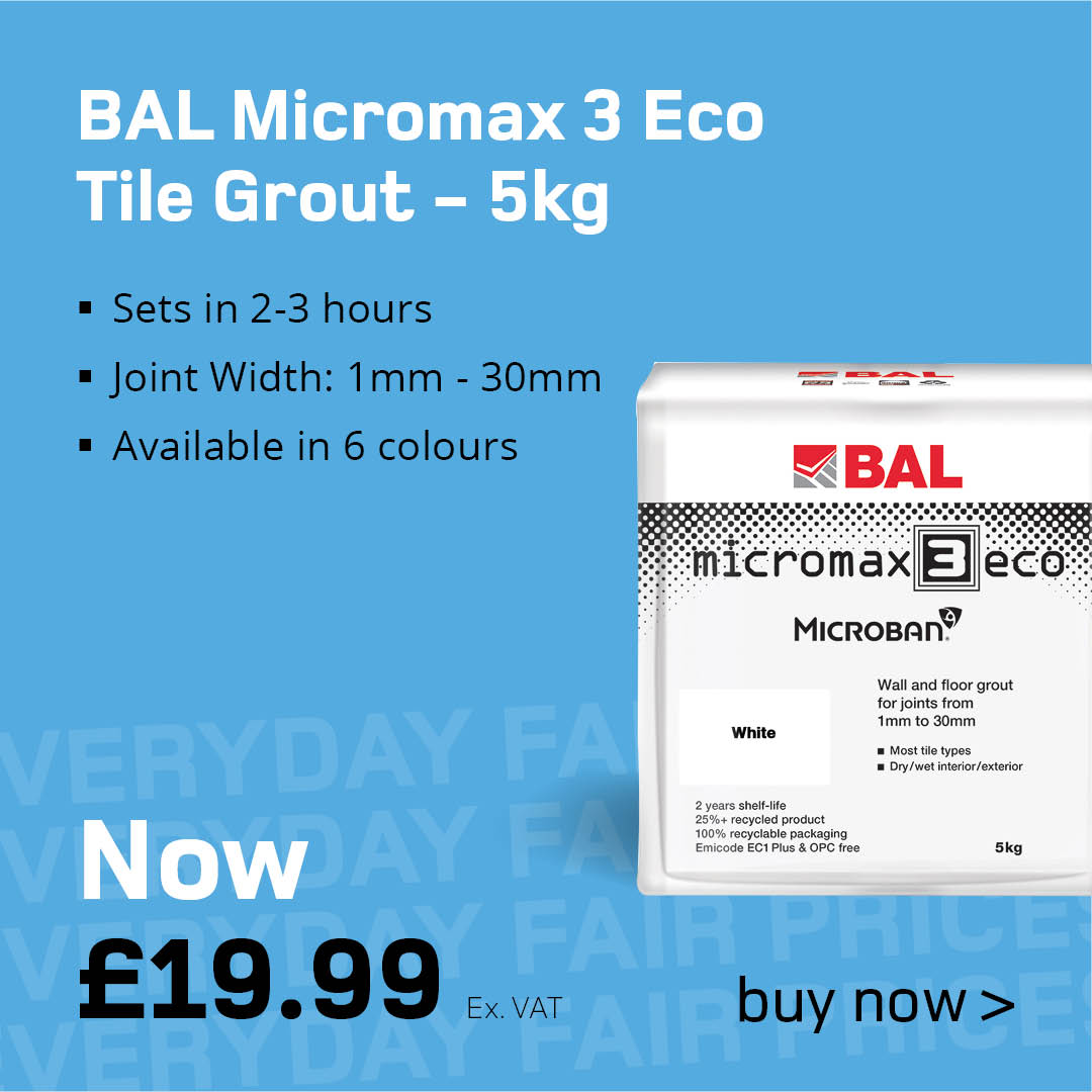 Grout in one with BAL Micromax 3 Eco Tile Grout! ✅ With new rapid-hardening chemistry, water is locked in the mix for more consistent drying and colour consistency. 👀 Now £19.99 ex. vat. Buy now > loom.ly/fDX8NLU #everydayfairprices #tilingessentials #tilingsupplies