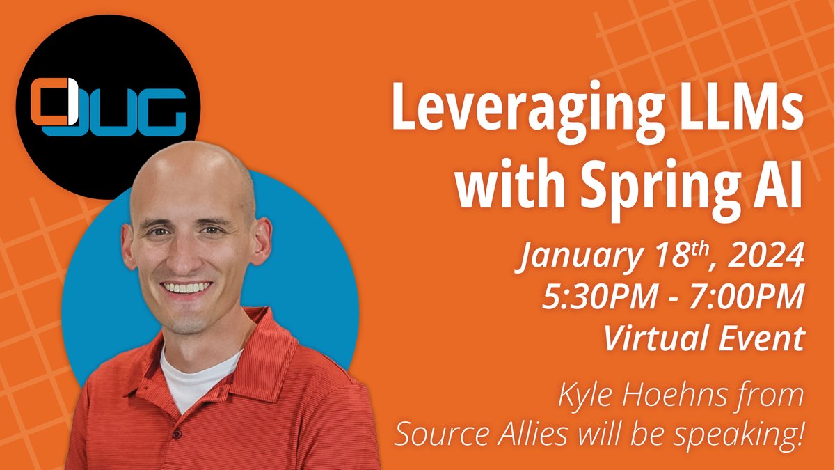 cijug's tweet photo. #CIJUG is back in action! Join us virtually on Th. 1/18 at 5:30pm to hear speaker Kyle Hoehns from Source Allies discussing Spring AI, a new project to easily integrate Spring-based applications with Large Language Models like OpenAI’s GPT-4. RSVP here: https://t.co/9j0Va2nlx6 https://t.co/EReNpvYINp