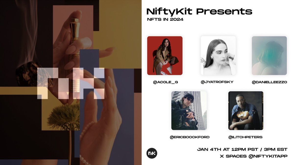 📢 NFTs in 2024 w/ <a href="/acole_g/">Alyssa N. Griego | Redemption OpenGen 10/27</a> <a href="/ericboockford/">ericbooc</a> <a href="/danielleezzo/">Danielle Ezzo</a> <a href="/ilitchpeters/">ilitch🇩🇴</a>
⏰ Thursday, January 4th at 12pm PST / 3pm EST

Set Reminder 🔔👇
x.com/i/spaces/1YqKD…