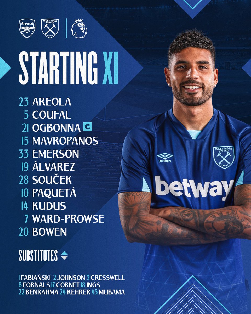 WestHam's tweet photo. Our team to take on Arsenal ⚒️ https://t.co/5bcuyt6VDI