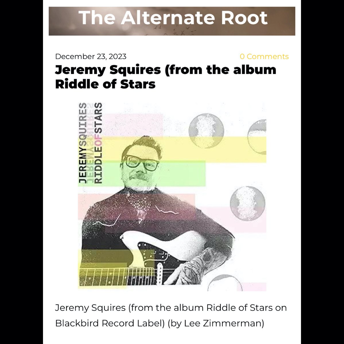 Lee Zimmerman reviews Jeremy Squires' new album 'Riddle Of Stars' for The Alternate Root Magazine. Read and listen now at link below! <a href="/jeremysquires1/">Jeremy Squires</a> <a href="/TheAltRootMag/">TheAlternateRoot.com</a> <a href="/sroprla/">Schneider/Rondan Organization</a> 

thealternateroot.com/all-reviews/je…

#jeremysquires #riddleofstars #thealternateroot