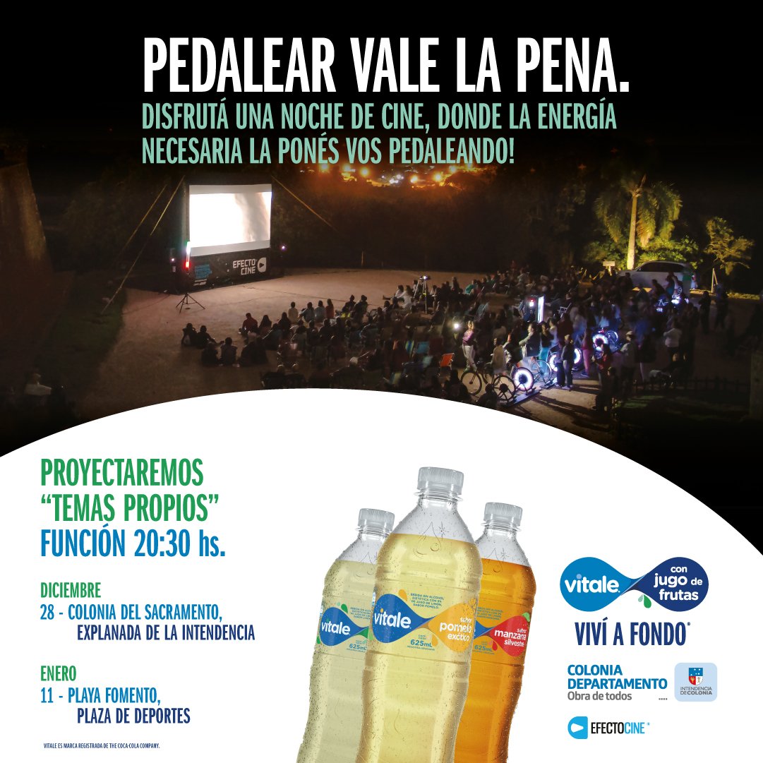 Con @vitaleuy y #efectopedal llegamos a #Colonia ‼️ 🎬🚴‍♂️

Es HOY jueves 28 de diciembre en #coloniadelsacramento y el 11 de enero en #fomento.

Las funciones son al aire libre, con pantalla gigante y gratuitas para toda la familia.

Gracias al apoyo de #IntendenciaColonia