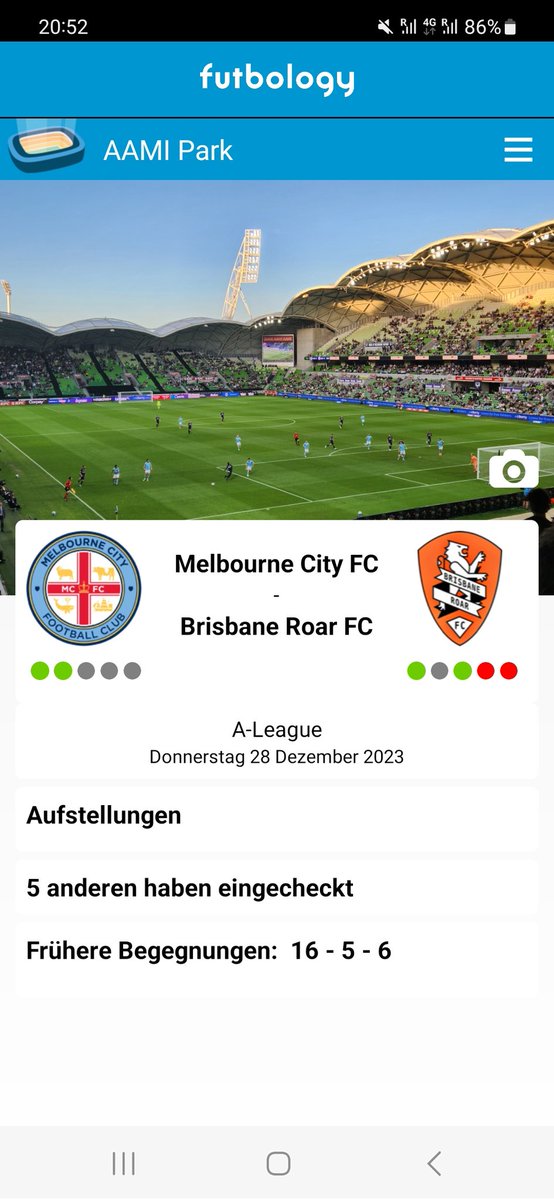 28.12.2023 Melbourne City FC - Brisbane Roar FC  8:1, A-Leaque AUS(1), AAMI-Park, ca 3500(50)

Beim Cricket Test gegen Pakistan nebenan das Zehnfache an Zuschauern,  'Soccer' in Australien ganz klar Randsportart. 

#groundhopping #soccer #länderpunkt #MCYvBRI