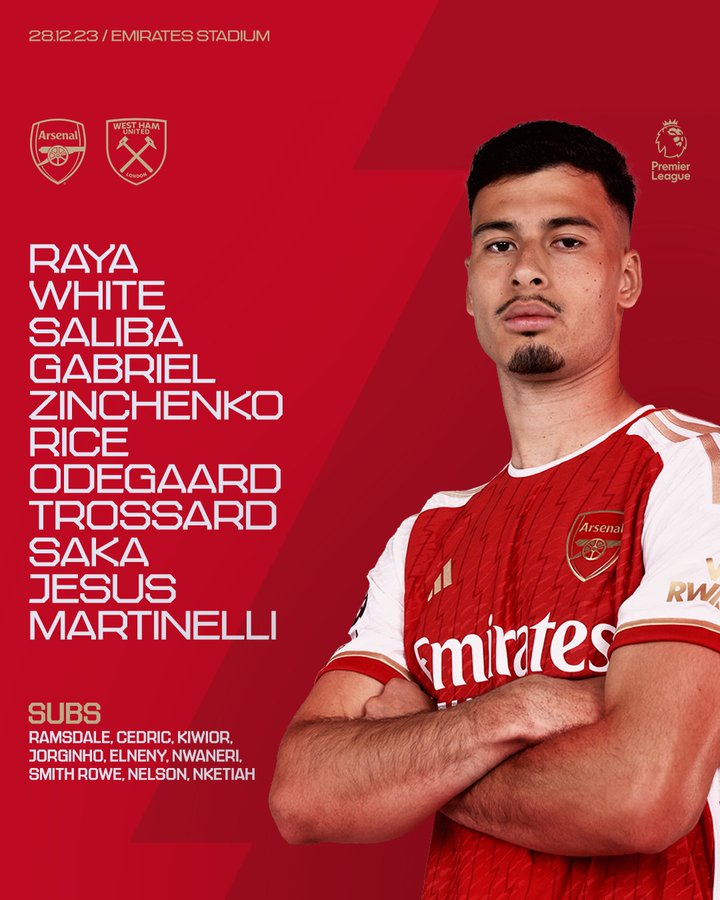 Arsenal's starting XI against West Ham: Raya; White, Saliba, Gabriel, Zinchenko, Rice, Odegaard, Trossard, Saka, Jesus, Martinelli  

Substitutes: Ramsdale, Cedric, Kiwior, Jorginho, Elneny, Nwaneri, Smith Rowe, Nelson, Nketiah