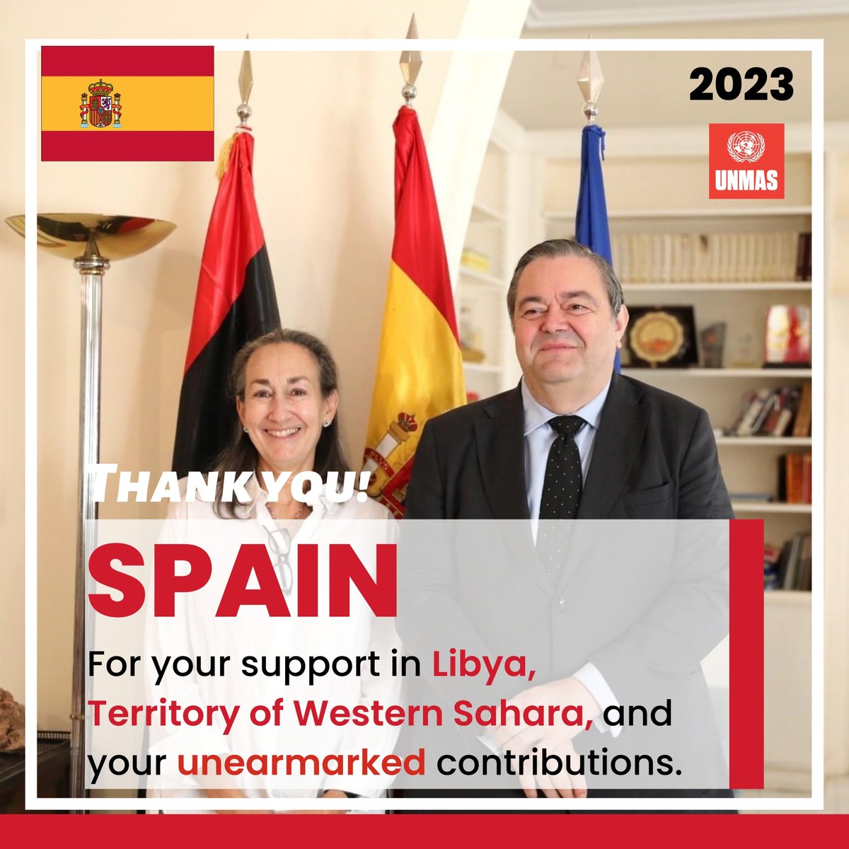UNMAS's tweet photo. ๐ #Gracias, Thank You, ๐ช๐ธ Spain, for your invaluable support in Libya, Territory of Western Sahara, and a special thank you for your great contribution towards unearmarked funds throughout 2023. @MAECgob @SpainMFA @SpainUN
_____
#23UNMAS https://t.co/HZIbhNm9Ez