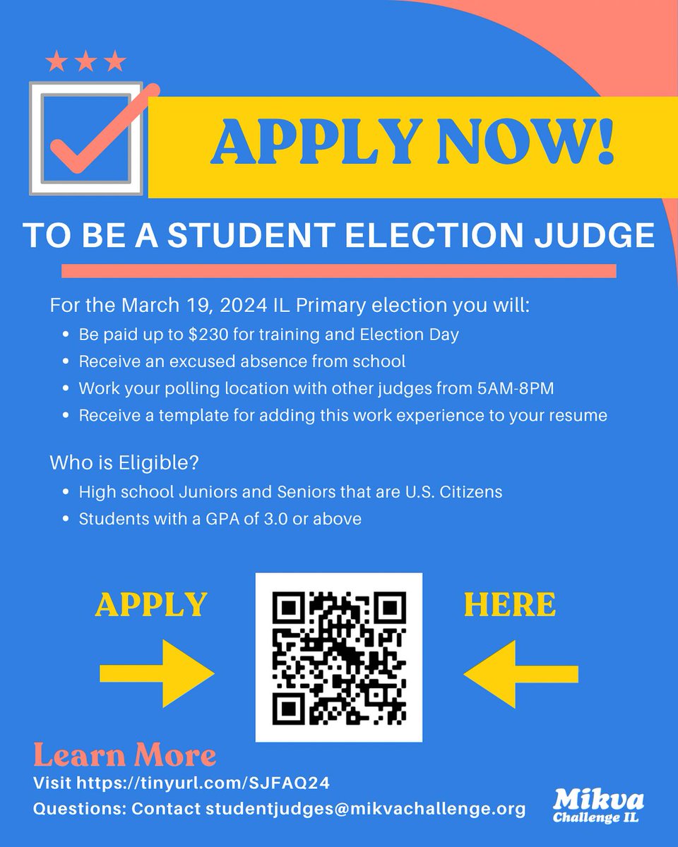 ChicagoElection's tweet photo. Students! @MikvaChallenge is looking for student election judges to serve for the March 19, 2024 Presidential Primary Election! To learn more and apply, go to: https://t.co/b78KAAqqst 🗳 https://t.co/JNebL6hGyC