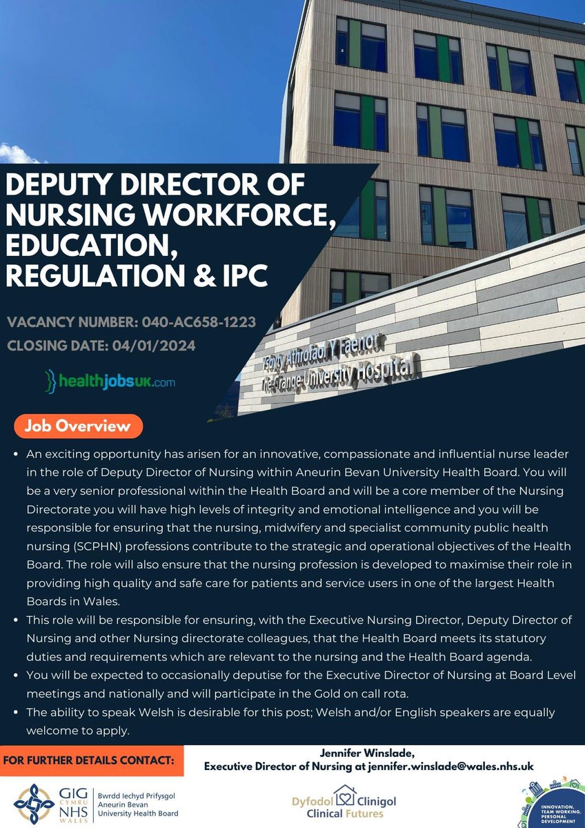 An exciting opportunity has arisen for an innovative, compassionate and influential nurse leader in the role of Deputy Director of Nursing within ABUHB

If you are interested, please click the following link for more information or to apply: healthjobsuk.com/job/UK/Newport…