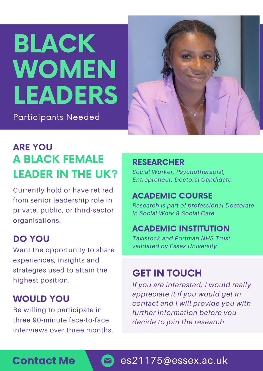 Wellnetreprene1's tweet photo. Seeking Black Women Leaders for Research Study

If you identify as a Black woman and currently hold or have retired from a senior leadership role, I would greatly appreciate your involvement in this study. https://t.co/07kNRZtQA1