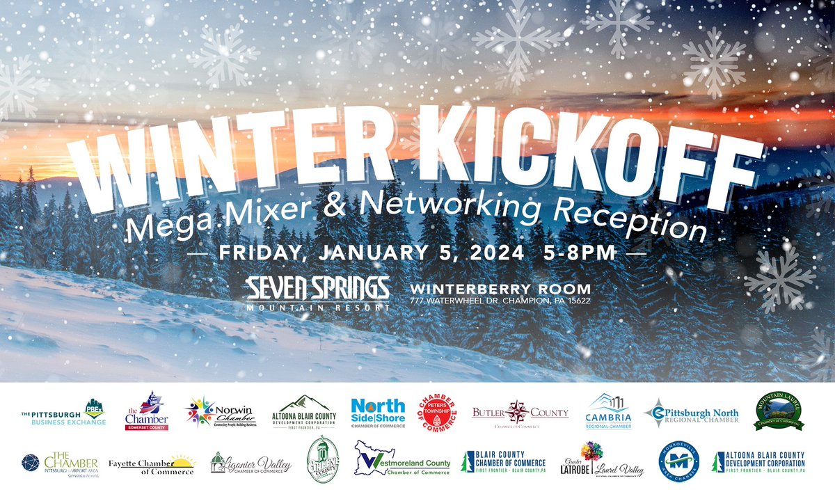 2024 ANNUAL WINTER KICKOFF Mega Mixer & Networking Reception Join hundreds of business owners, entrepreneurs, and other business professionals from over 10 counties throughout western PA. To purchase tickets, please visit winterkickoff2024.com #Chamber #mixer #PA