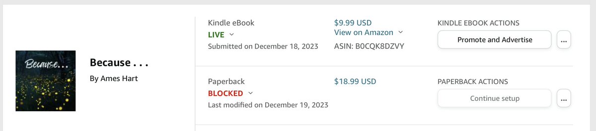 j_hart's tweet photo. We r beyond frustrated w/ @amazon. We uploaded Ames book "Because . . ." b4 Christmas &amp; were told formatting 4 Kindle would be harder than the hard copy. Well the kindle version of the book was accepted, they rejected the paperback manuscript https://t.co/8yEfxARWIu
