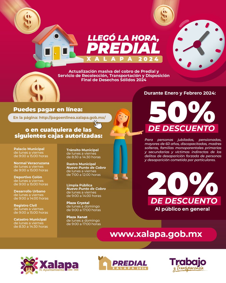 AytoXalapa's tweet photo. 📢 Este 02 de enero inicia el cobro del Predial.

Pueden acudir a un módulo o pagar con tarjeta de crédito o débito vía internet, a través del portal  https://t.co/F6CU88O4dH. 💳

Al realizar su pago durante los meses de enero y febrero podrán obtener los descuentos brindados. https://t.co/h1mxO5GlRJ