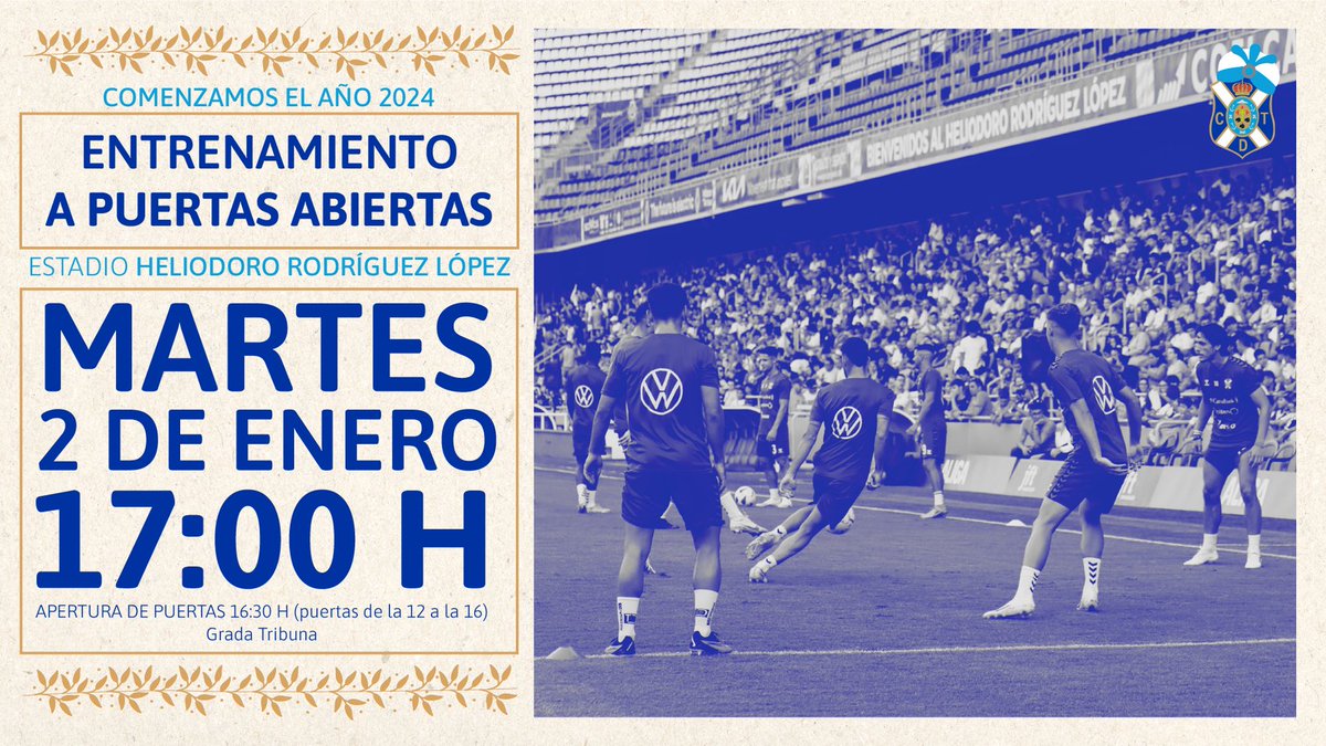 📰⚽️ NOTICIA | 𝗘𝗹 𝗽𝗿𝗶𝗺𝗲𝗿 𝗲𝗻𝘁𝗿𝗲𝗻𝗮𝗺𝗶𝗲𝗻𝘁𝗼 𝗱𝗲𝗹 𝗖𝗗 𝗧𝗲𝗻𝗲𝗿𝗶𝗳𝗲 𝗲𝗻 𝟮𝟬𝟮𝟰 𝘀𝗲𝗿𝗮́ 𝗮 𝗽𝘂𝗲𝗿𝘁𝗮𝘀 𝗮𝗯𝗶𝗲𝗿𝘁𝗮𝘀 El martes 2 de enero, a partir de las 17:00, en el #Heliodoro:👇 🔗stadiumtenerife.es/el-primer-entr…