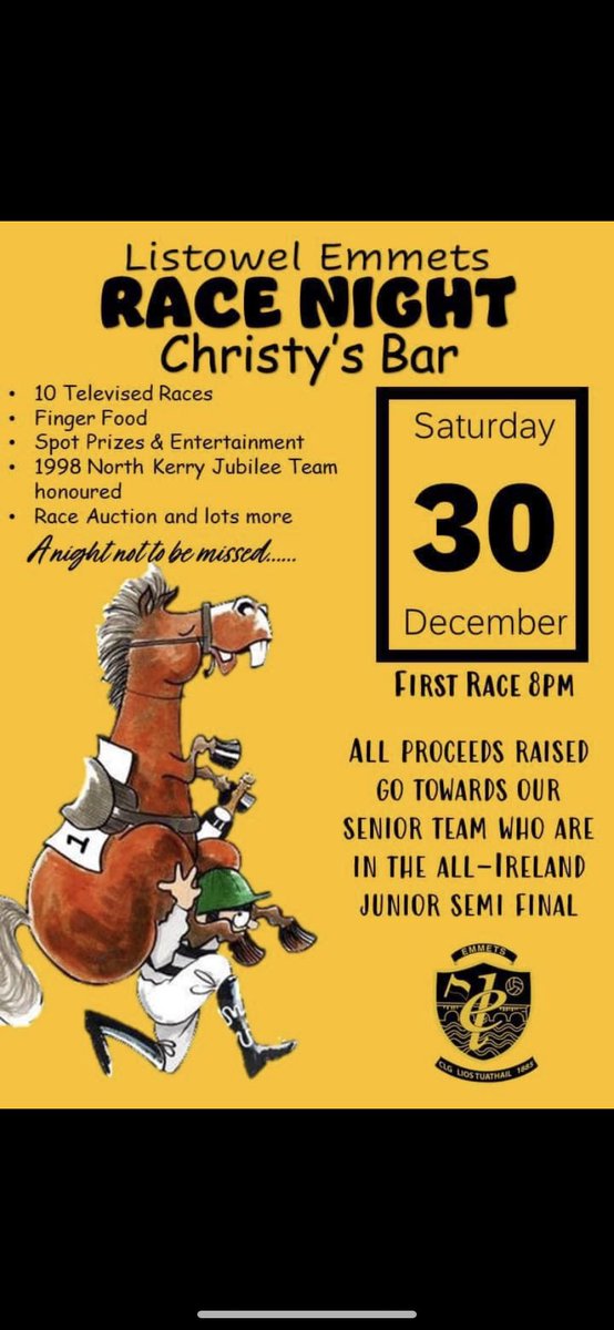 DON’T FORGET WE HAVE OUR RACENIGHT THIS SATURDAY NIGHT IN CHRISTYS BAR. IT PROMISES TO BE A GREAT NIGHT WITH LOADS OF SPOT PRIZES TO BE WON. ALL PROCEEDS WILL GO TOWARDS OUR SENIOR TEAM WHO COMPETE IN THE ALL IRELAND SEMI FINAL 🖤💛🖤💛 @patcashhealy @Kerry_Official