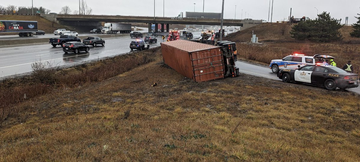 Transport truck rollover. Finch Ave EB to #hwy427 NB ramp closed. #TorontoOPP investigating. ^yb