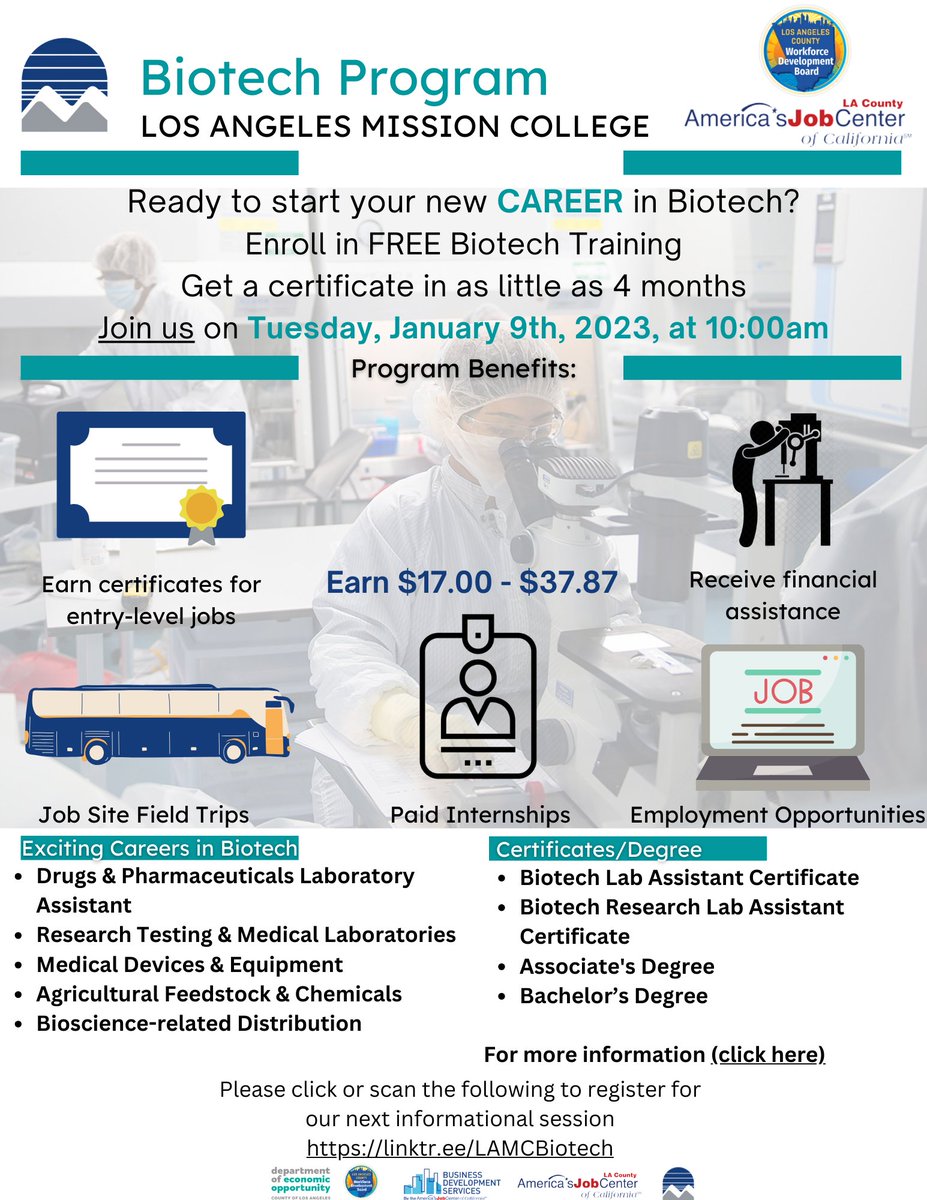 County2Work's tweet photo. Are you interested in a career in BioTech? If so please join us at our next Information Session on January 9th, 2023 at 10:00am by clicking on the following link: https://t.co/5WOKioykfP https://t.co/qviYG1xkQE