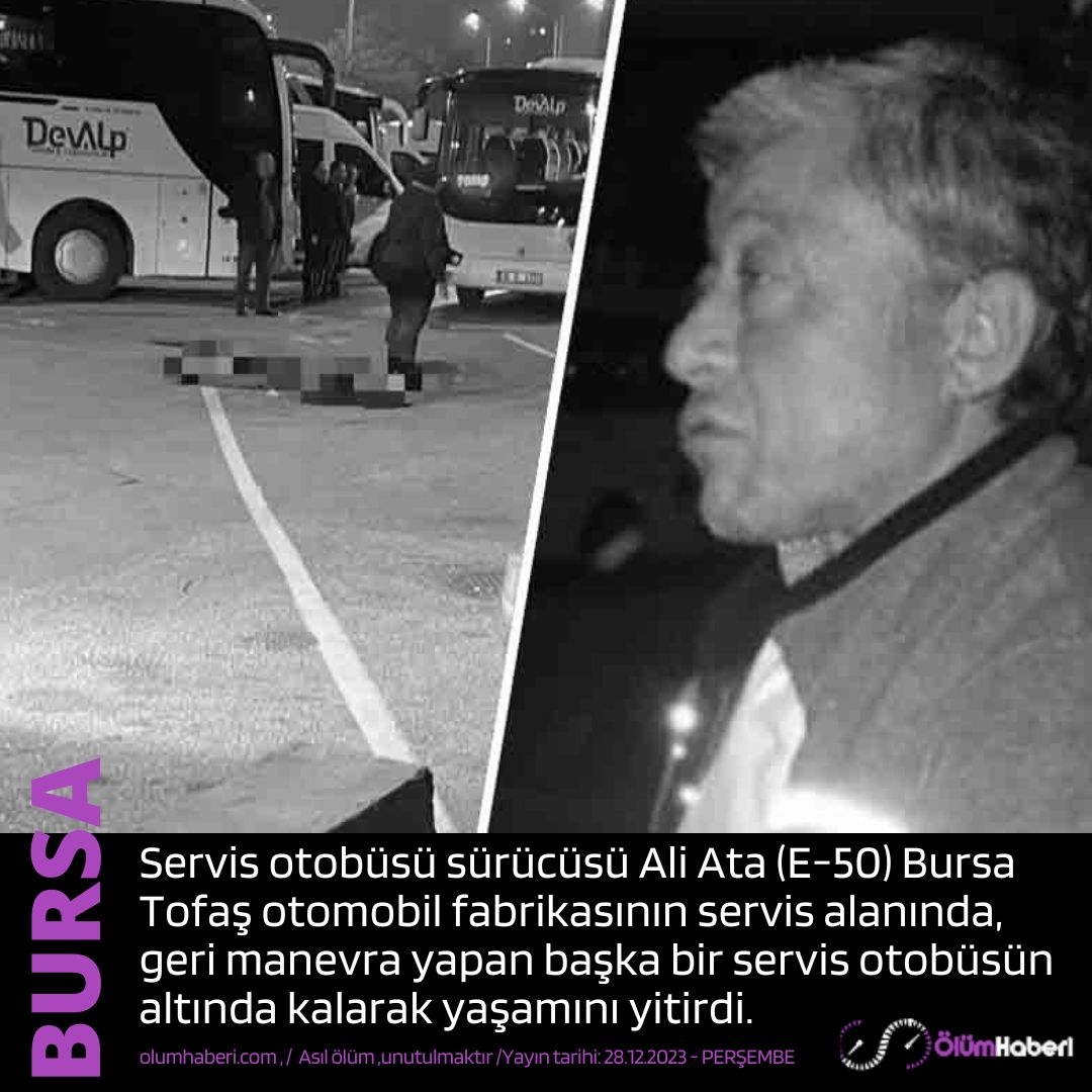 OlumHaberi's tweet photo. Servis otobüsü sürücüsü Ali Ata (E-50) Bursa Tofaş fabrikasında, otobüsün altında kalarak yaşamını yitirdi.
https://t.co/ZxyOKXoQMu #AliAta #bursa #Tofas #kaza #trafikkazası #vefat https://t.co/jWjuakN8kH