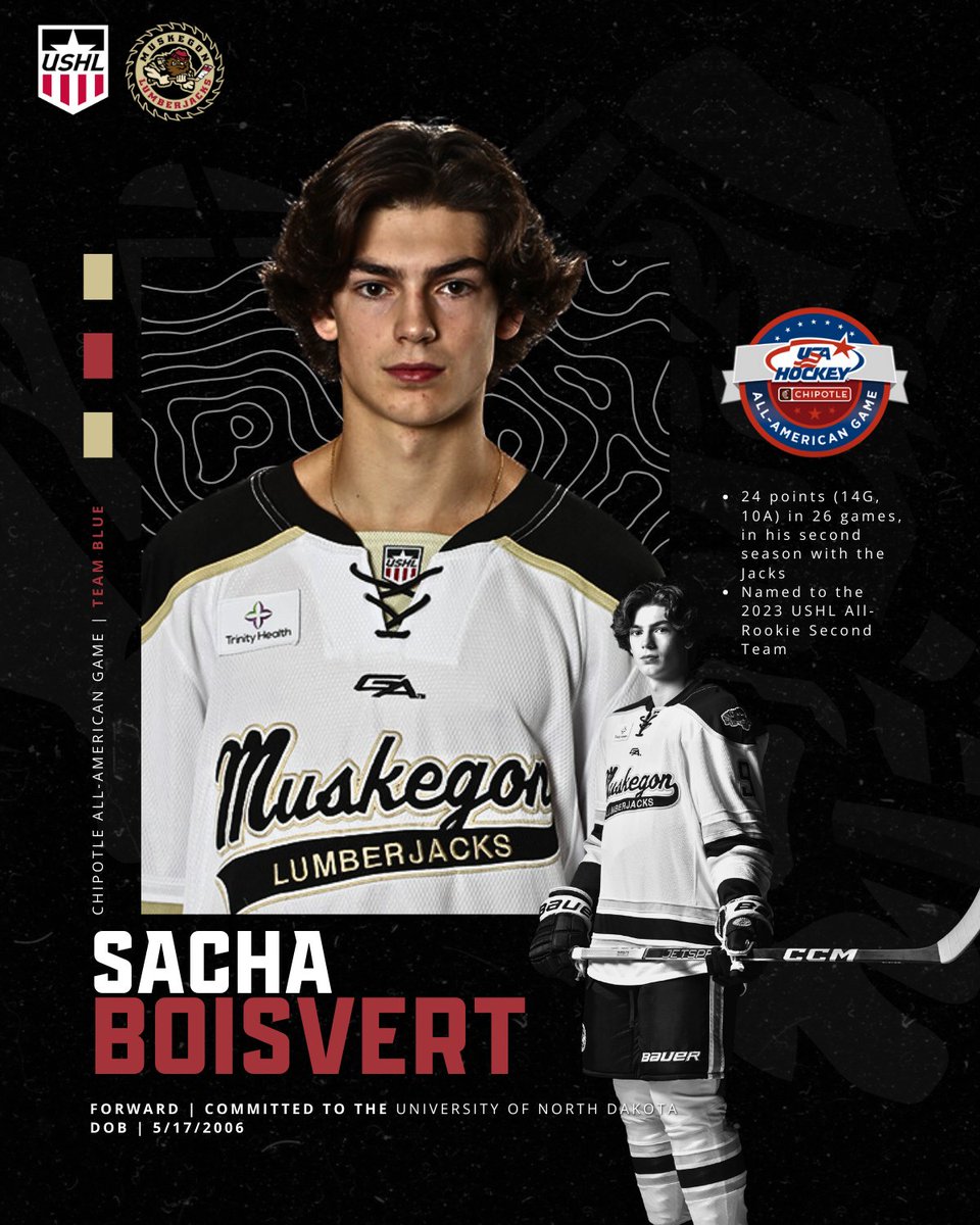 MuskegonJacks's tweet photo. Congratulations to Sacha Boisvert on his selection to the Chipotle All-American Game! The second-year Lumberjack is one of only two international players skating in the event.
Congratulations @BoisvertSacha ! https://t.co/oXQnyD9rJN