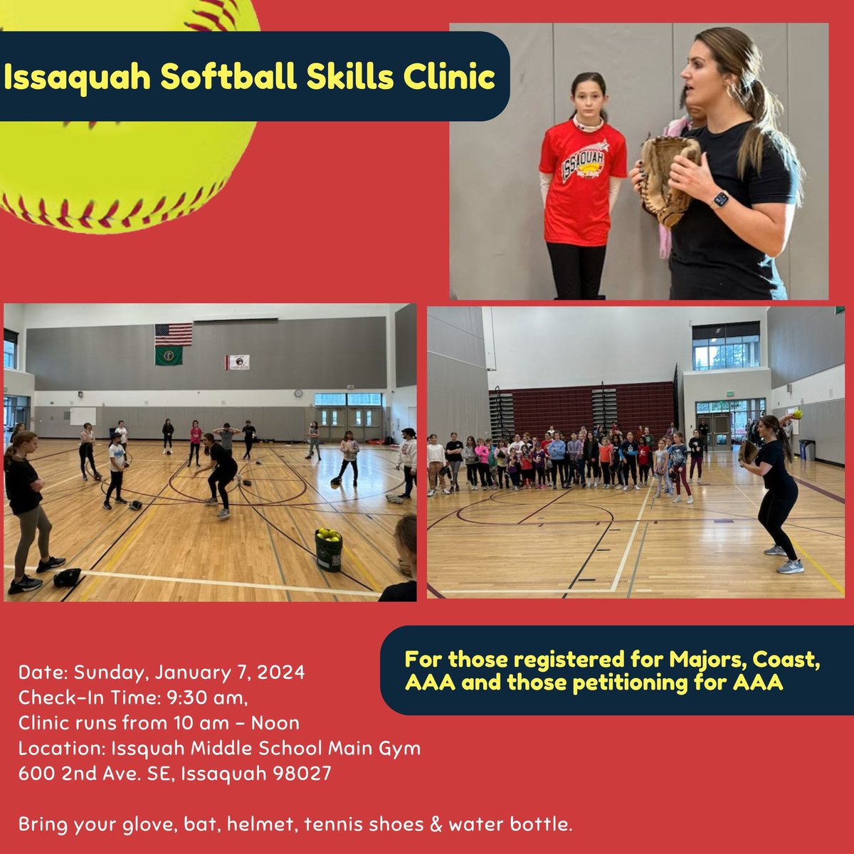 IssaquahLL's tweet photo. A great opportunity for your competitive players (AA petition to play up, AAA, Coast, and Majors) to freshen up their skills prior to the Softball Skills Evaluations on January 21, 2024. 

https://t.co/fJlo44F0kG https://t.co/2J4f3jTz2m