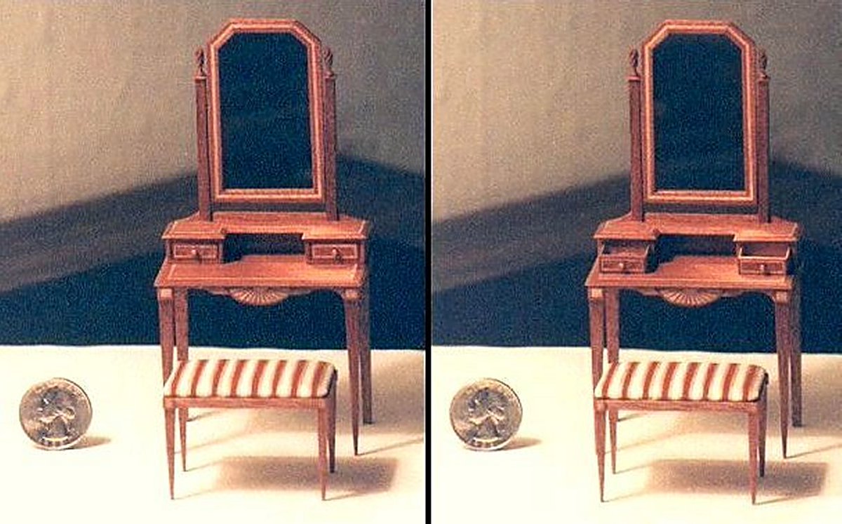 EPAthensbury's tweet photo. I got $200 for this after I finished it, many years ago.  I made it from scratch.  It is a lady's dressing table, and reminiscent of those aboard the R.M.S. Titanic in first-class, and in 1/12th scale.  The mirror is of glass, and the bench's upholstery I painted by hand... https://t.co/gqEftbYlaV
