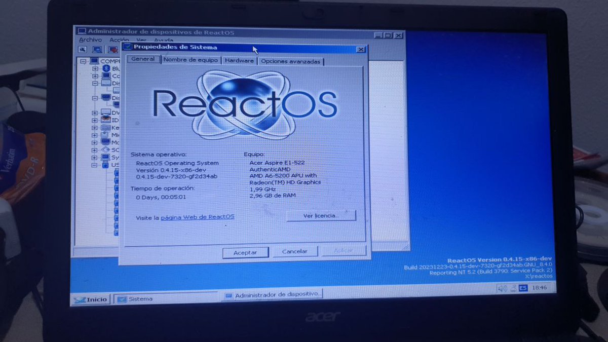 ReactOS_es's tweet image. #ReactOS en modo LiveCD corriendo en una portatil Acer Aspire E1-522, de momento no funciona el sonido, ni graficos nativos, ni conexion a red.
Test gracias a nuestro querido miembro de la comunidad hispana @elhoir220582