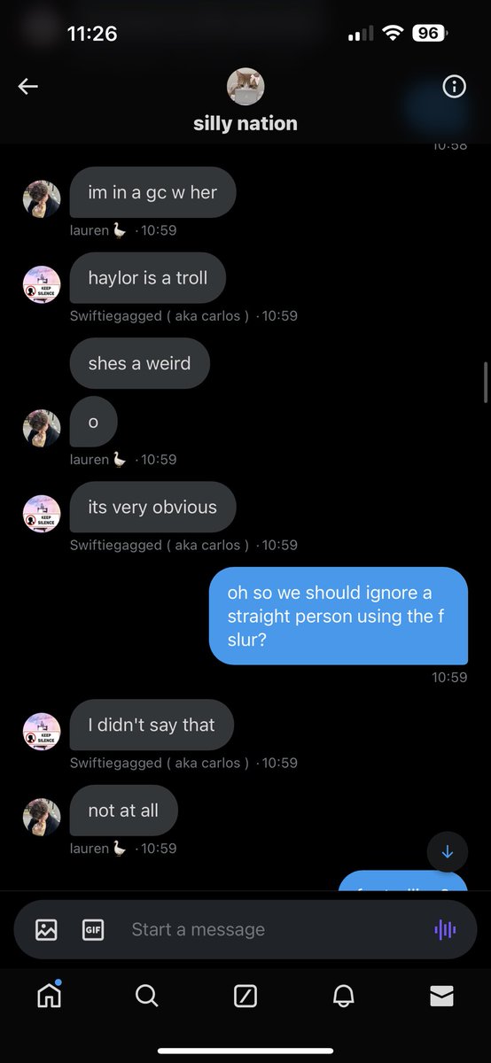 theonlyjennyevr's tweet photo. i dont want to do this but @Swiftiegagged is a 14-year-old who doesn't understand how using a slur can be harmful, so i hope u guys don't send him hate or anything. just block or sb, even. here are the ss of our group chat. https://t.co/k3d0ZWQVEv